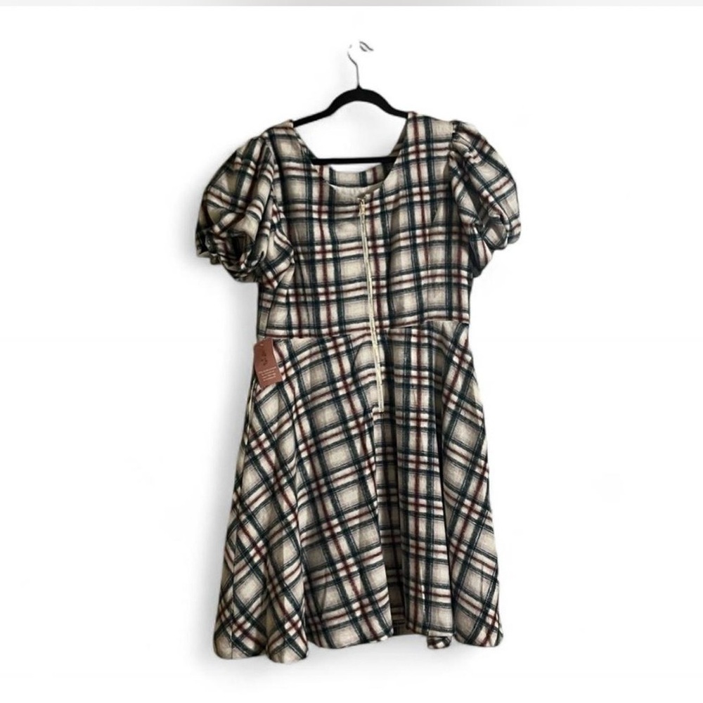 Ivy City Co Plaid Puff-Sleeve Dress in Cream, Green, and Red - Picture 2 of 9